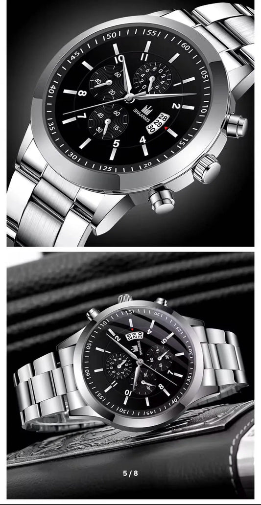 2pcs Luxury Mens Silver gold and black Quartz Watch