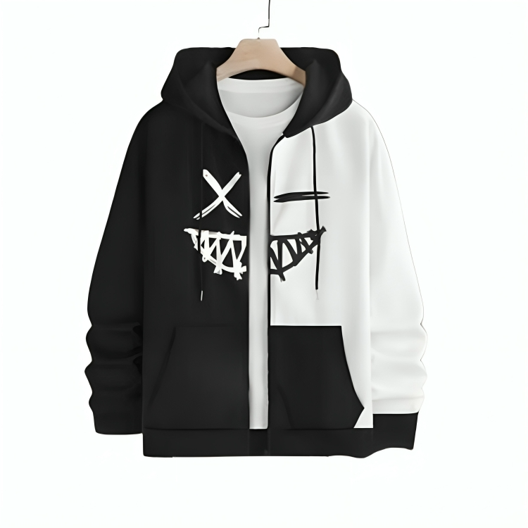 Black & White Zipper Trendy Printed Hoodies For Men