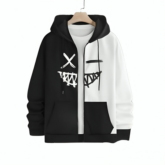 Black & White Zipper Trendy Printed Hoodies For Men