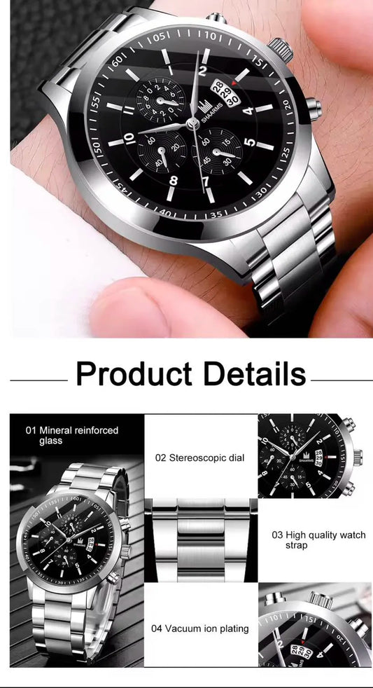 2pcs Luxury Mens Silver gold and black Quartz Watch