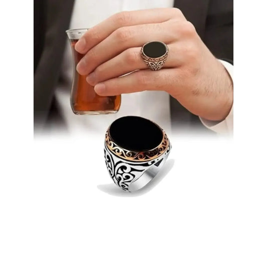 Elegant Oval Black Aqeeq Stone Silver Ring